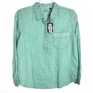 RAFFI women's 100% Linen green long tab sleeve shirt 1/2 button 
Size Large
NWT